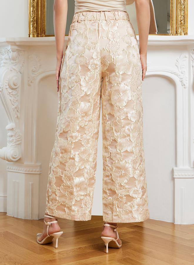Styli Women Beige Jacquard Wide Leg Trousers - Image 4